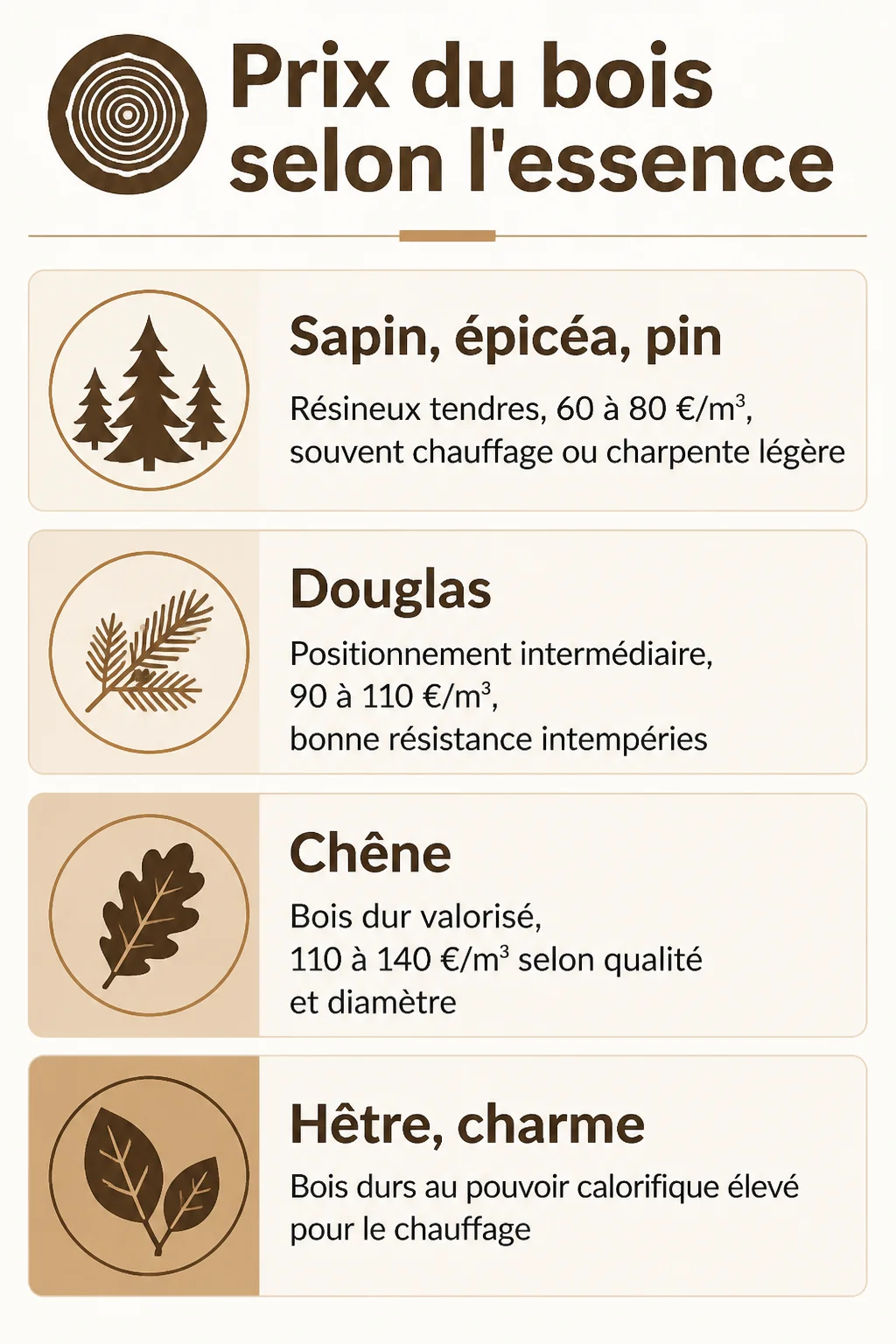 Prix du bois selon l'essence : Sapin, épicéa, pin, Douglas, Chêne, Hêtre, charme
