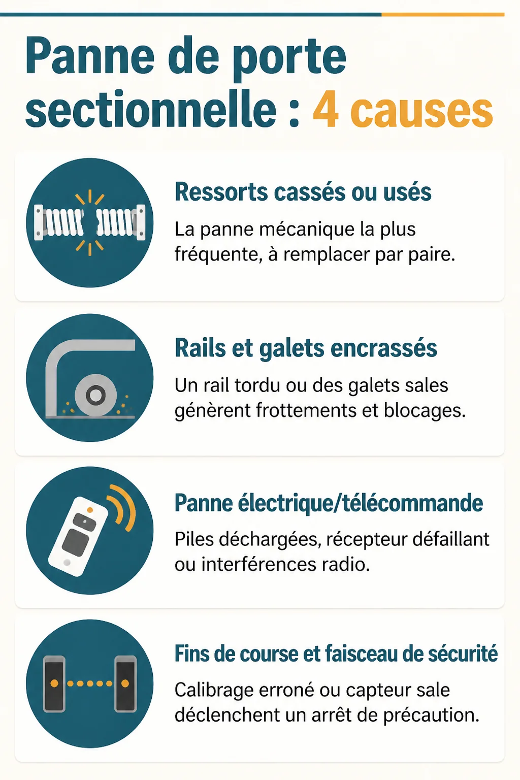 Panne de porte sectionnelle : 4 causes : Ressorts cassés ou usés, Rails et galets encrassés, Panne électrique/télécommande, Fins de course et faisceau de sécurité