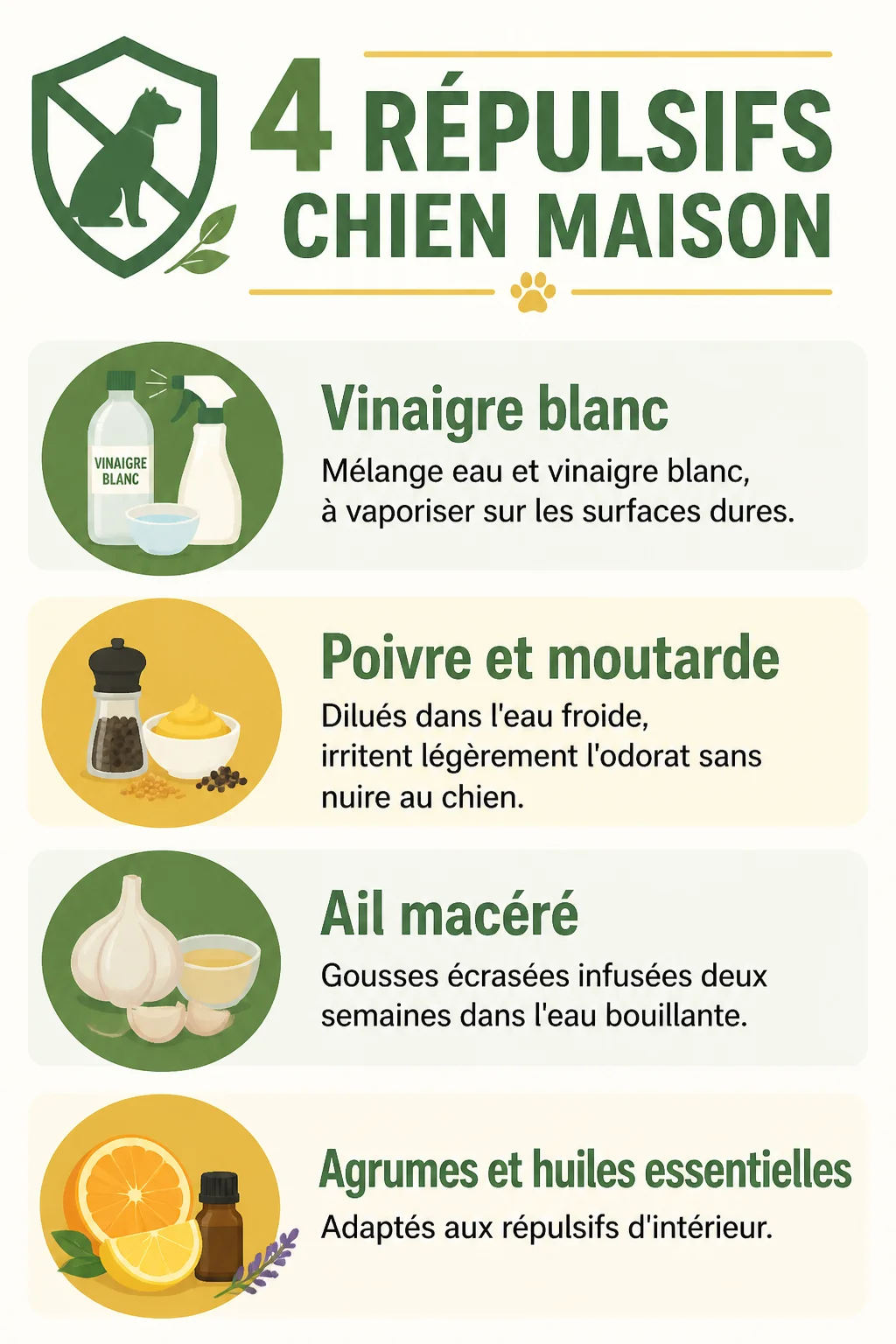 4 répulsifs chien maison : Vinaigre blanc, Poivre et moutarde, Ail macéré, Agrumes et huiles essentielles