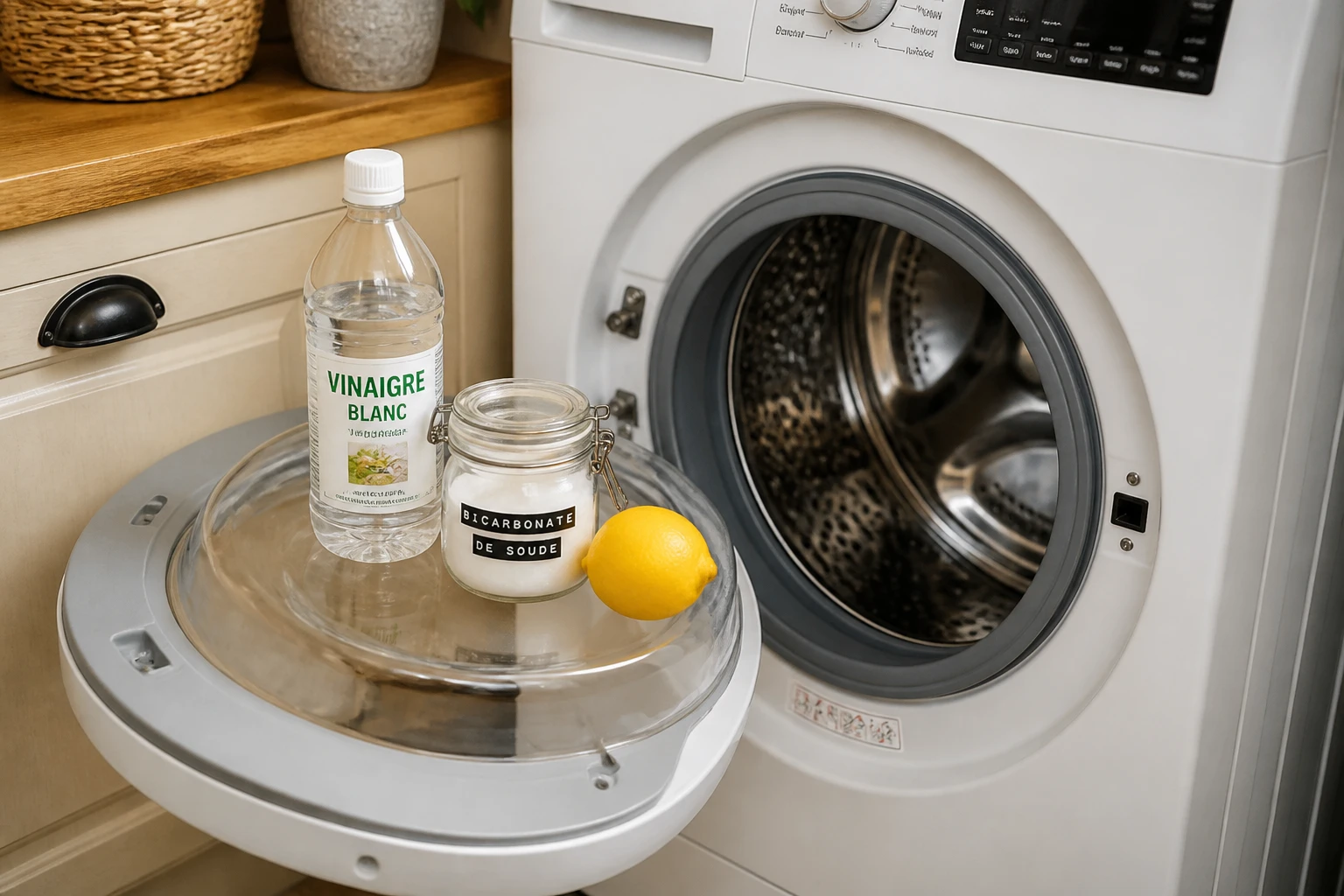 Lave-linge ouvert avec vinaigre blanc, bicarbonate de soude et citron pour un nettoyage naturel