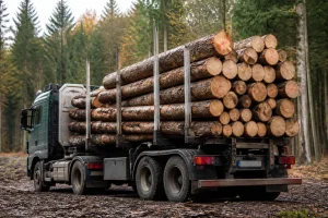 Camion grumier chargé de troncs de bois dans une clairière forestière