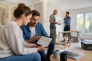Couple consultant un devis de rénovation sur tablette avec un artisan en arrière-plan