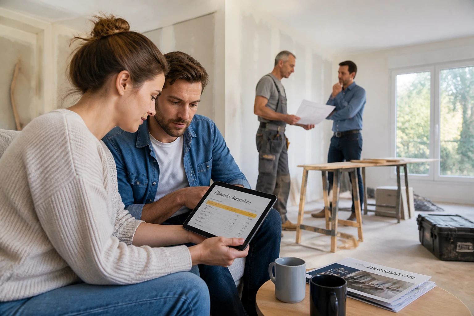 Couple consultant un devis de rénovation sur tablette avec un artisan en arrière-plan