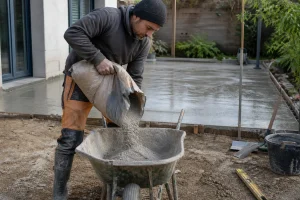 Artisan versant un sac de béton tout prêt dans une brouette pour couler une dalle de terrasse