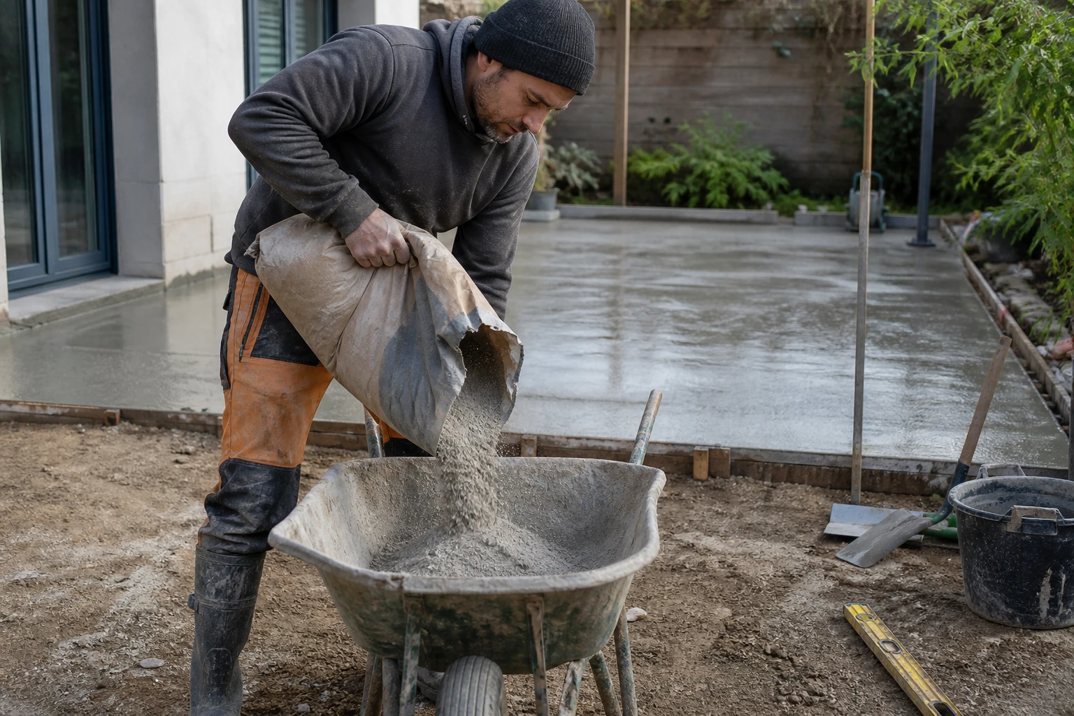 Artisan versant un sac de béton tout prêt dans une brouette pour couler une dalle de terrasse