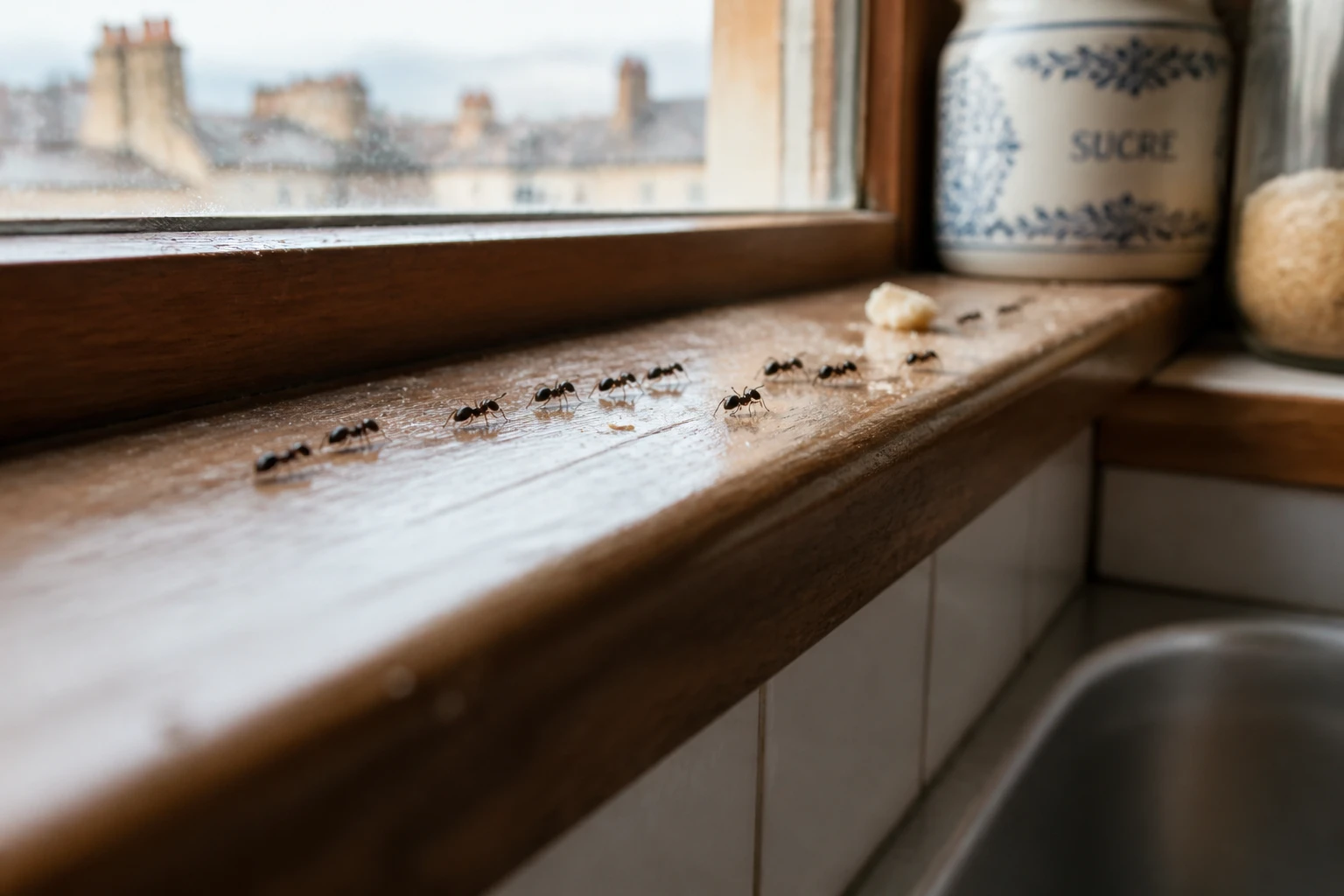 Trace de fourmis noires sur un rebord de fenêtre en bois avec miettes de pain