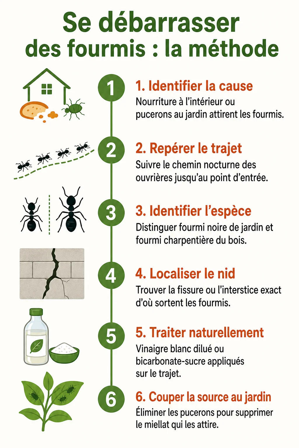 Se débarrasser des fourmis : la méthode : 1. Identifier la cause, 2. Repérer le trajet, 3. Identifier l'espèce, 4. Localiser le nid, 5. Traiter naturellement, 6. Couper la source au jardin