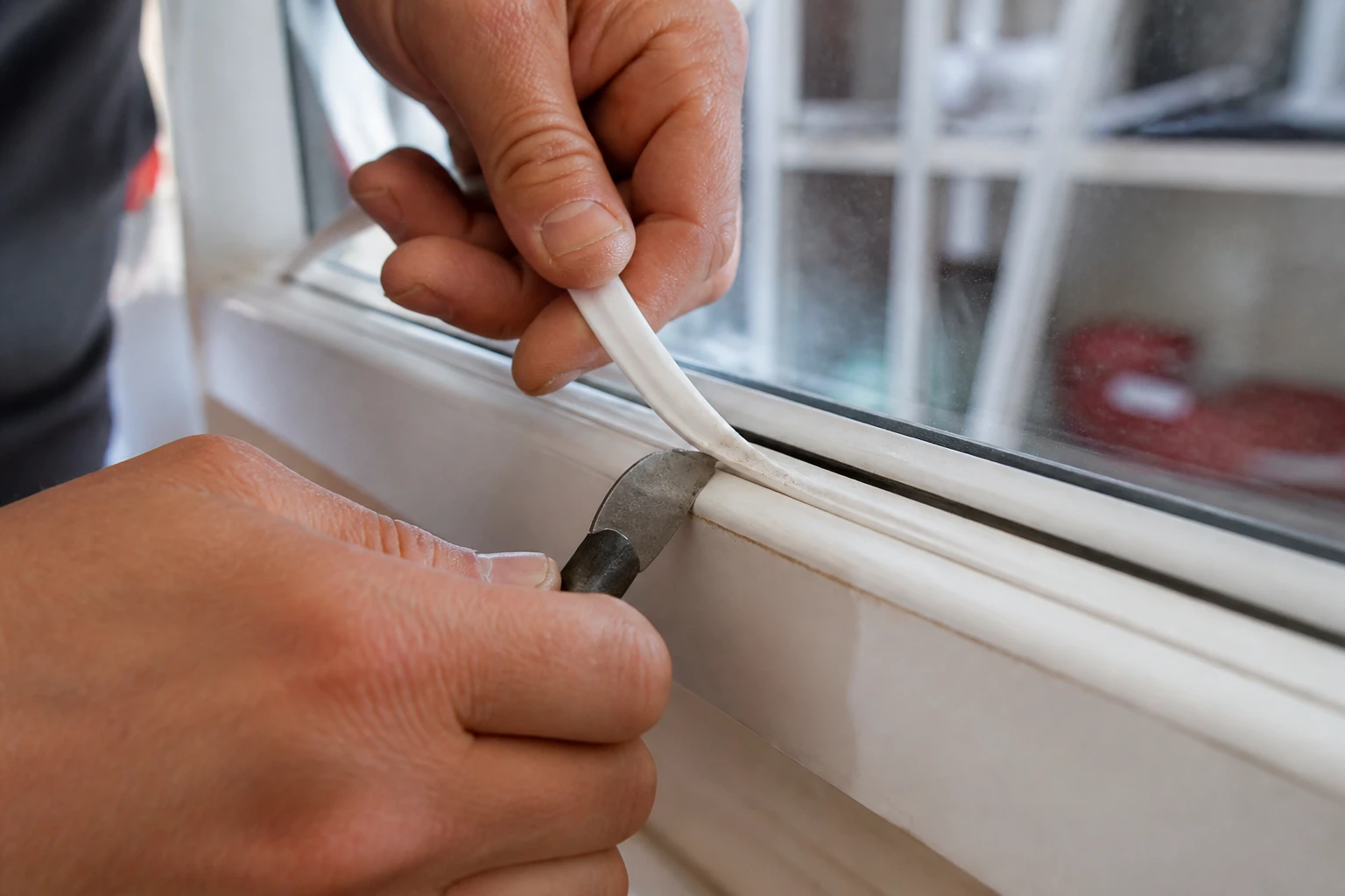 Technicien retirant une parclose de fenêtre PVC avec un couteau demi-lune sur un châssis