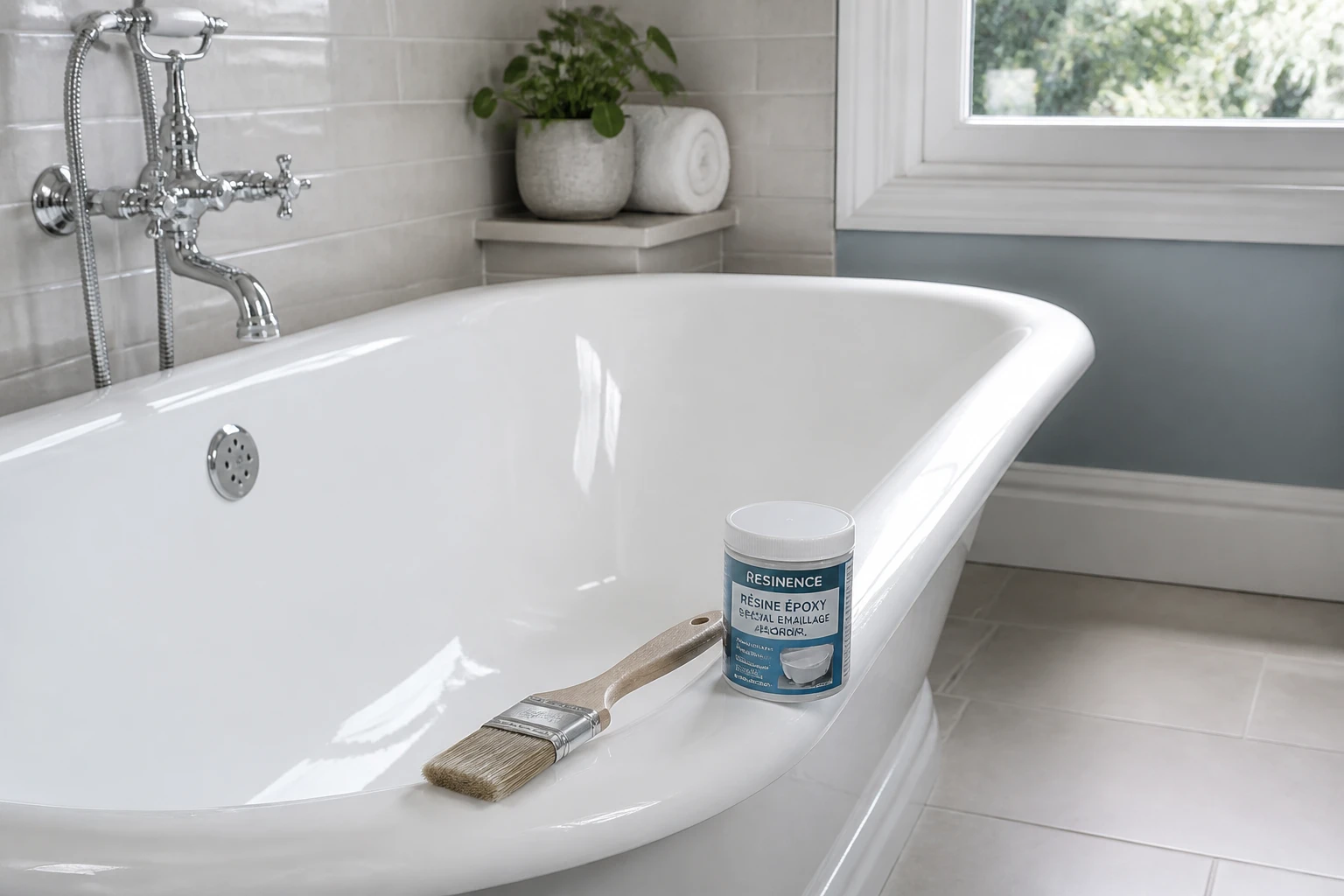 Baignoire repeinte en blanc avec pot de résine époxy posé sur le rebord