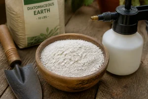 Poudre blanche de terre de diatomée dans un bol en bois avec applicateur de jardin