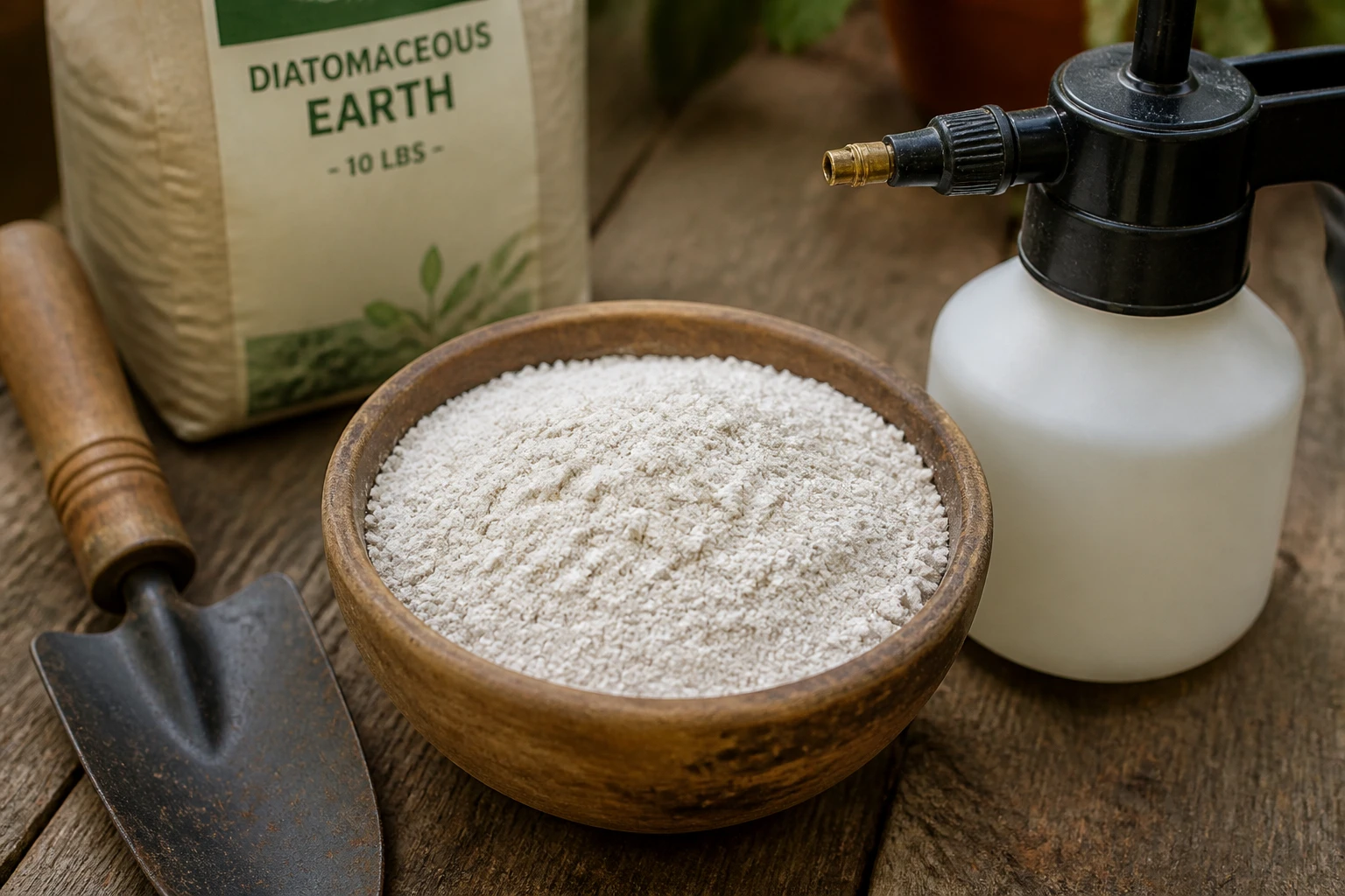 Poudre blanche de terre de diatomée dans un bol en bois avec applicateur de jardin