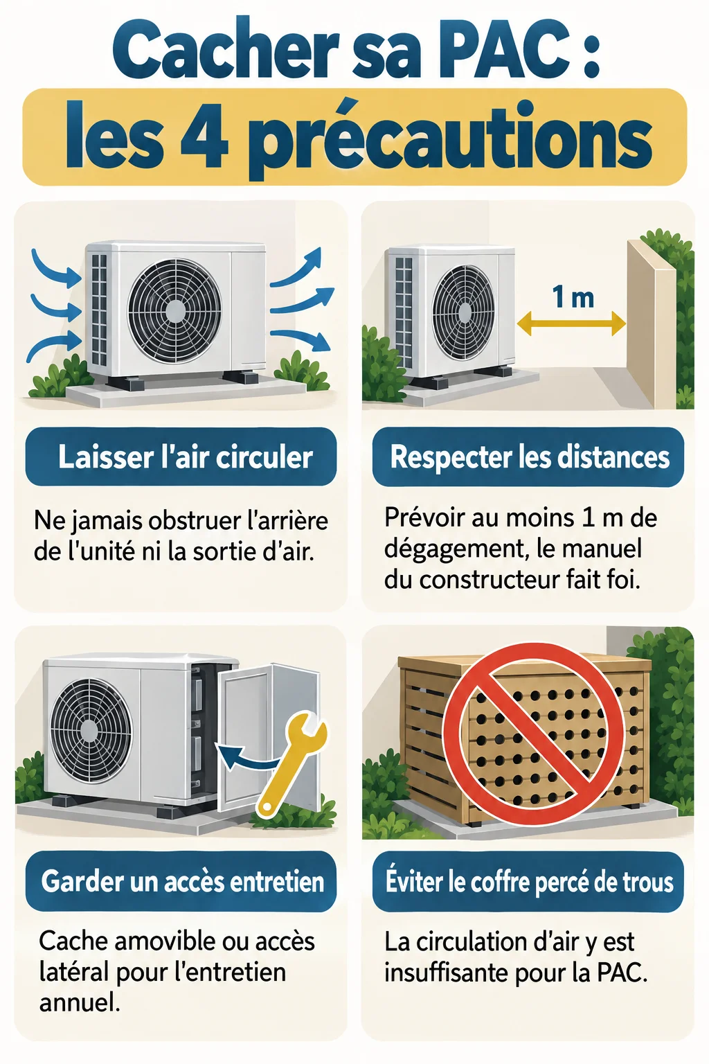 Cacher sa PAC : les 4 précautions : Laisser l'air circuler, Respecter les distances, Garder un accès entretien, Éviter le coffre percé de trous