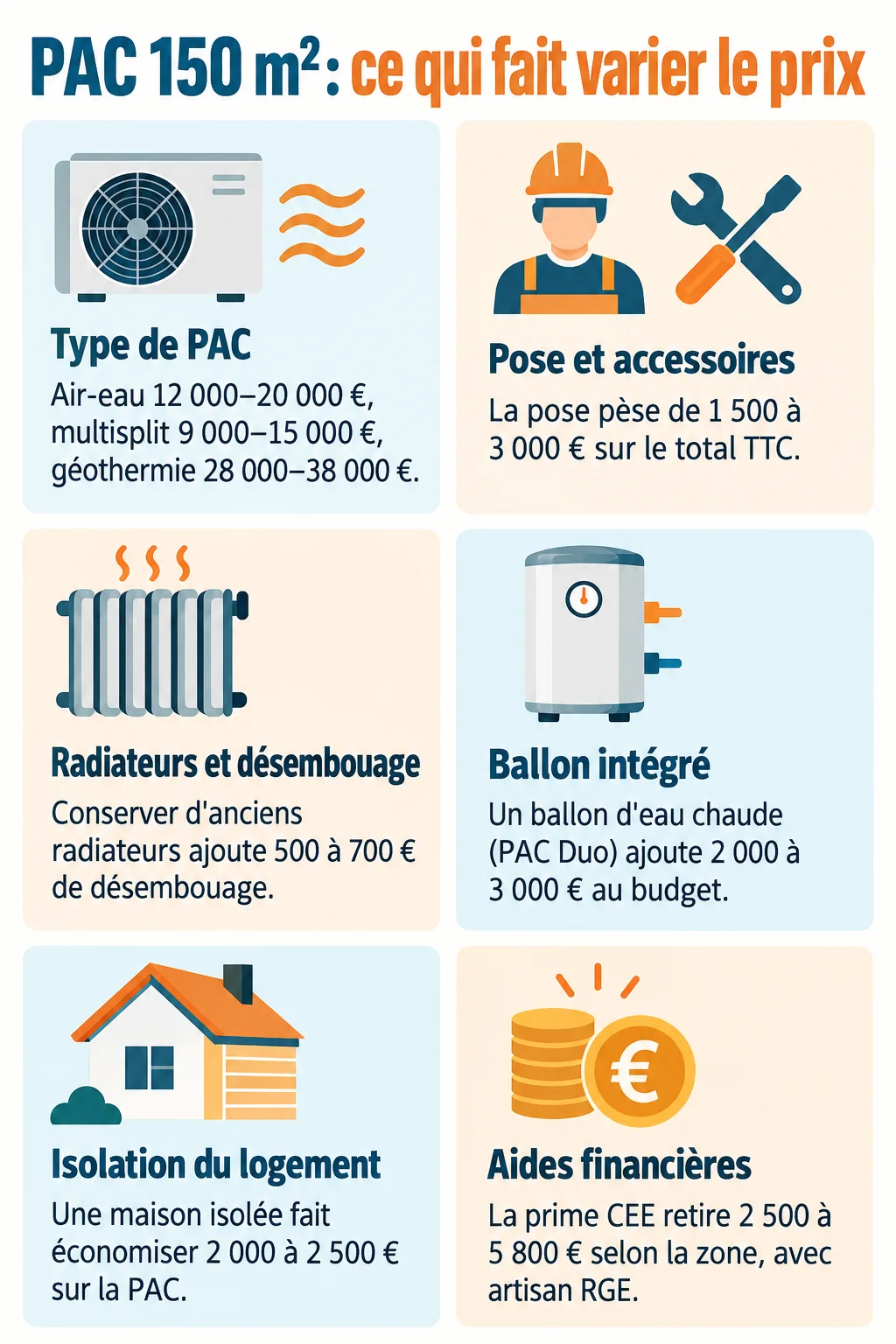 PAC 150 m² : ce qui fait varier le prix : Type de PAC, Pose et accessoires, Radiateurs et désembouage, Ballon intégré, Isolation du logement, Aides financières